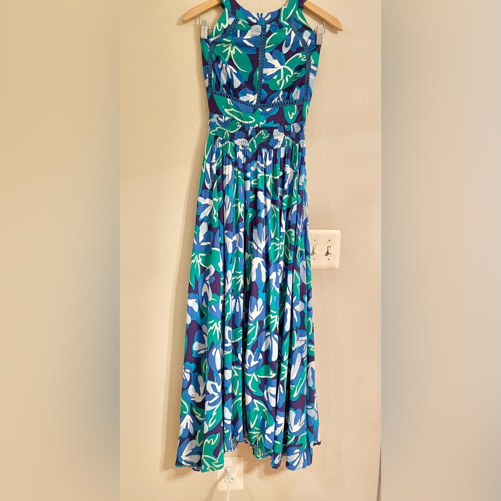 Anthropologie Abel the Label Blue Green Abstract Floral Halter Maxi Dress L